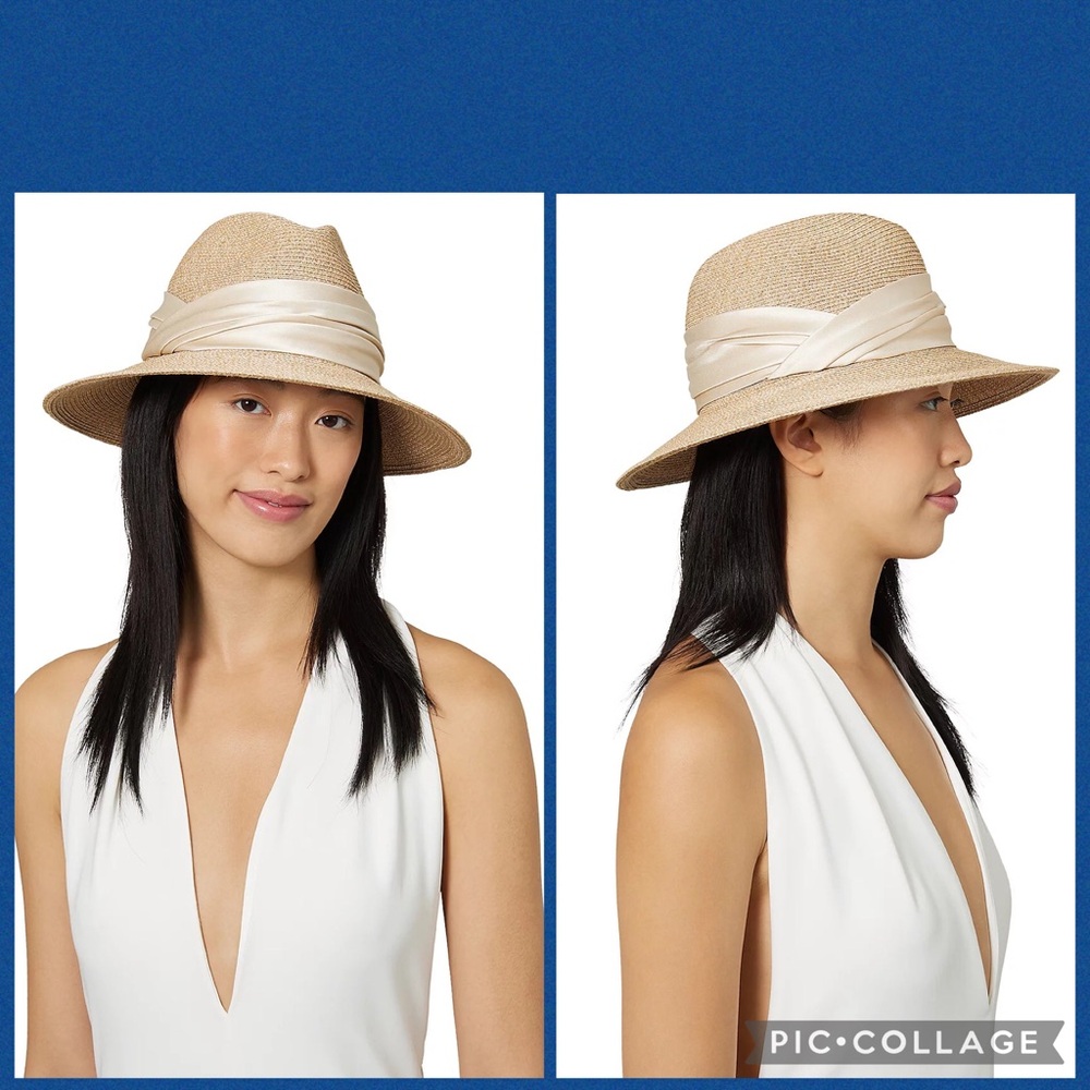 Eugenia Kim Courtney Toyo Packable Fedora Hat with Sage Ribbon